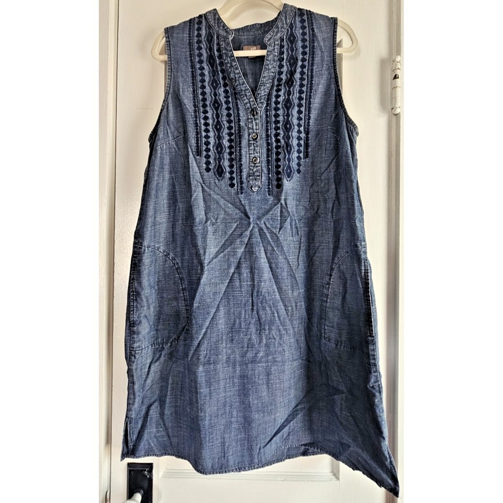 J Jill tencel linen blend chambray shift tank dress Sz L pockets - Picture 1 of 7
